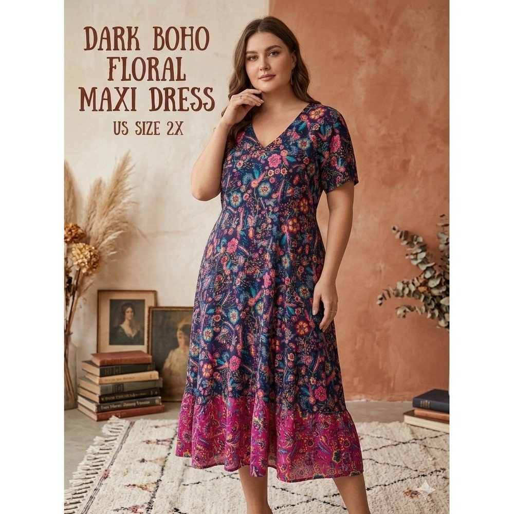 Womens Maxi Dress 2X Navy Blue Floral Boho Cottagecore Rayon festival spring